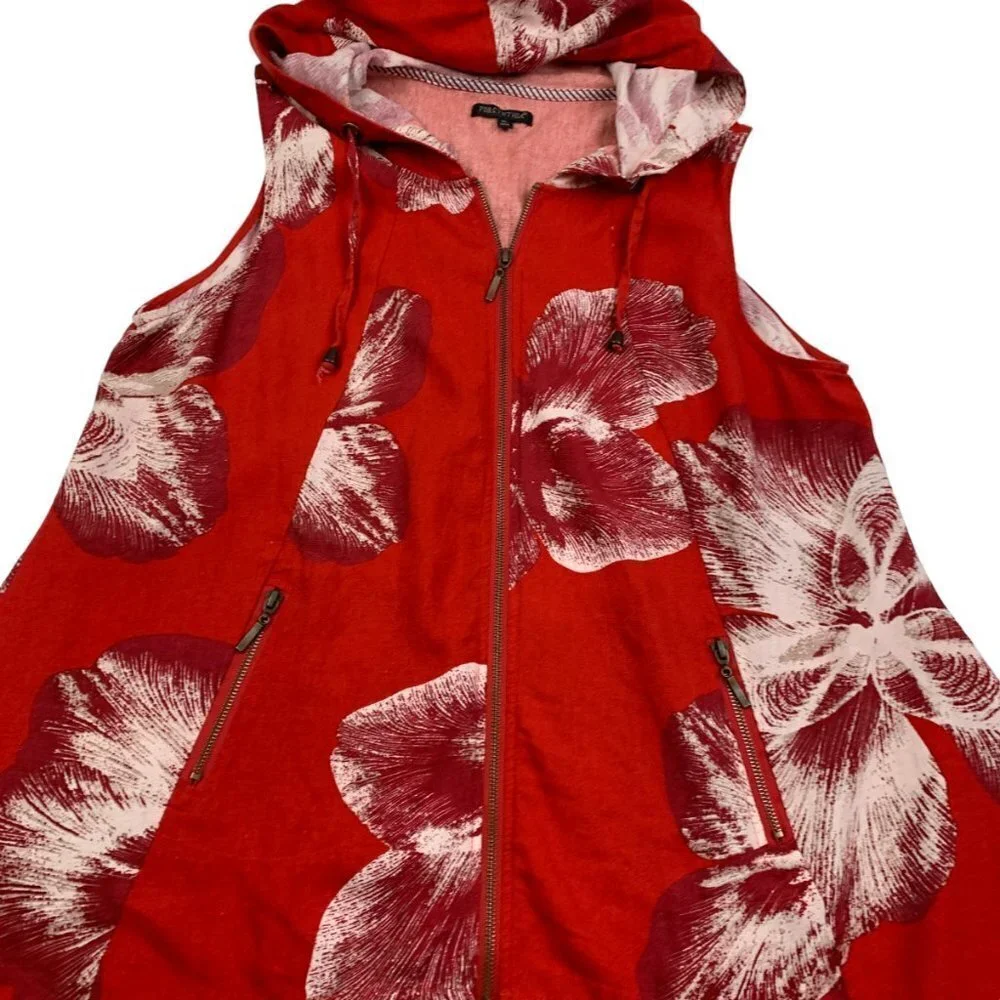 For Cynthia Floral Hi-Lo Linen/Viscose Blend Hooded Zip Front Vest Women's SZ XL